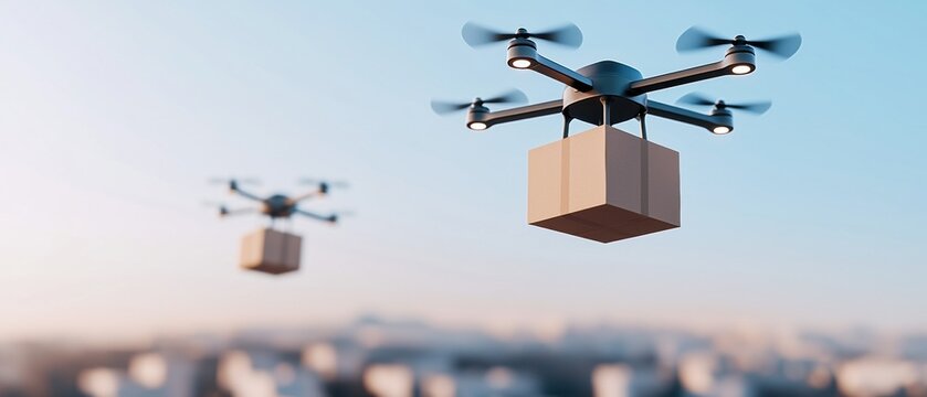 Two drones flying in the sky with a cityscape in the background. the drone in the foreground is a black drone with four propellers and a large cube-shaped box attached to it.