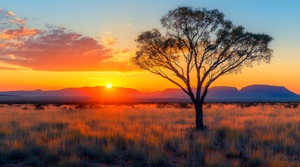 Photography of the vast Australian Outback, showcasing the vibrant red sands and rugged terrain, with a lone eucalyptus tree standing against a brilliant orange sunset sky.