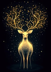 Golden deer with luminous antlers and sparkles.