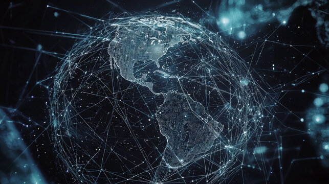A visual representation of global business structure, highlighting the interconnectedness of networking, customer connection, HR recruitment, and global outsourcing. Generative AI