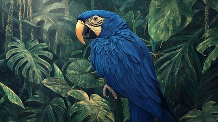 A Hyacinth Macaw perched in the lush green jungle