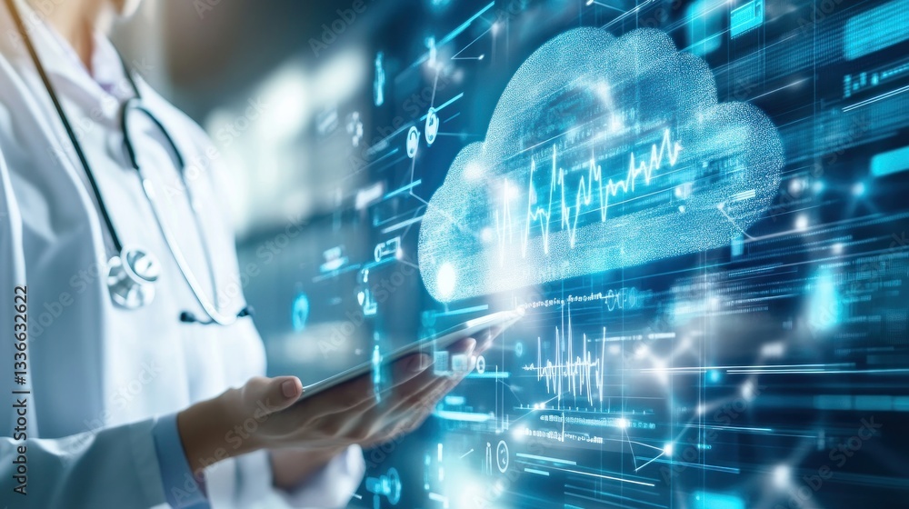 Aufkleber doctor using digital tablet with cloud technology and data visualization
