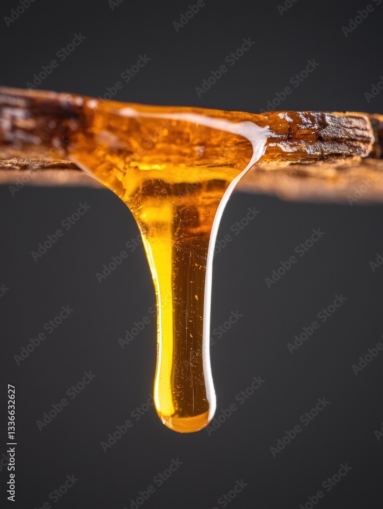 Poster close-up of a single drop of honey dripping from a wooden stick. the honey is a golden-brown color a