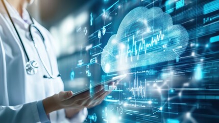 Doctor using digital tablet with cloud technology and data visualization