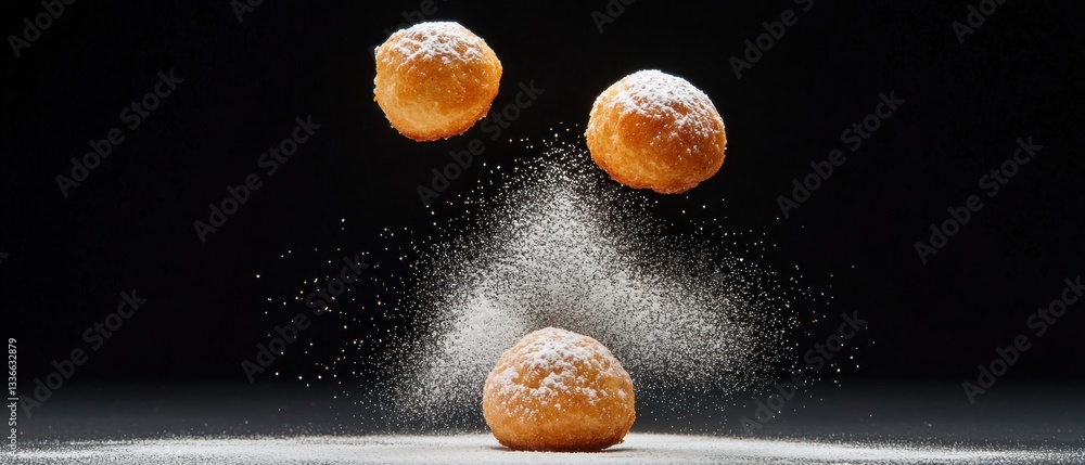 Poster three small, round, golden-brown doughnuts falling into the air. the doughnuts are covered in a gene