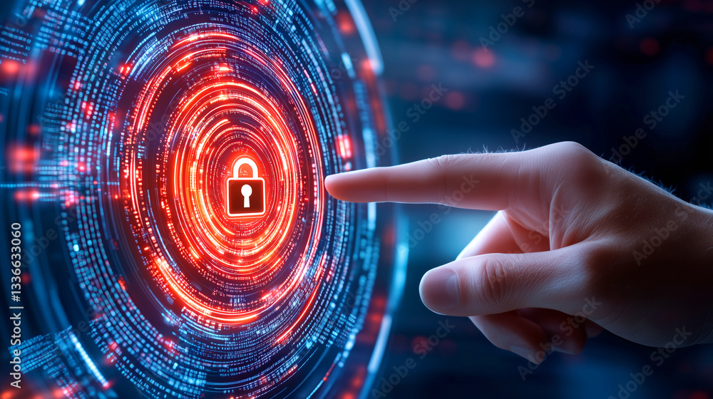 Poster a hand extends towards a glowing lock symbol embedded in a vibrant circular pattern of digital data.