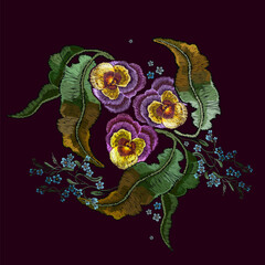 Violet flowers. Embroidery. Summer garden art. Fashion template for clothes, textiles. Botanical background