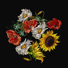 Embroidery yellow sunflowers, white chamomile and red poppies flowers. Garden botanical art. Summer fashion template for clothes, t-shirt design