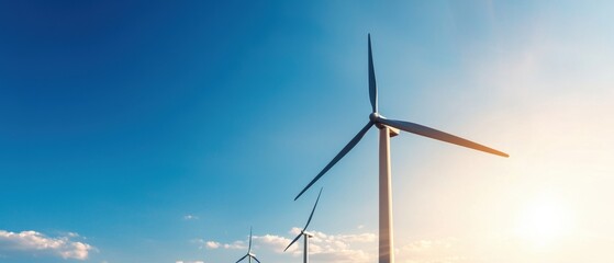 Group of wind turbines in a field. the sky is a bright blue with a few white clouds scattered across it.