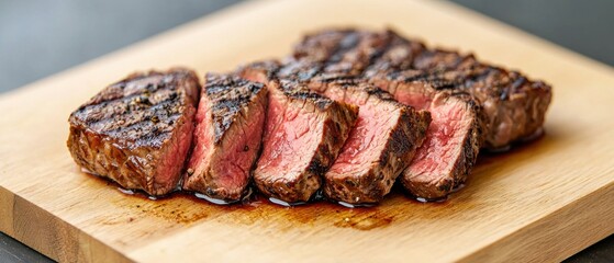 Sliced steak on a wooden cutting board. the steak appears to be cooked medium rare, with a pink center and a marbled exterior.