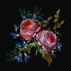 Embroidery wild pink roses and white flowers. Fashionable template for clothes. Summer and spring garden floral art © Matrioshka