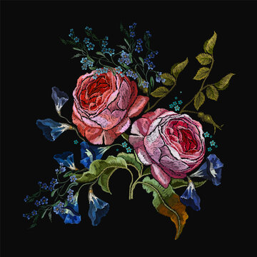Embroidery wild pink roses and white flowers. Fashionable template for clothes. Summer and spring garden floral art
