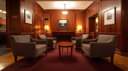 Law firm office with deep mahogany wood tones, vintage furniture,