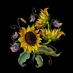 Embroidery yellow sunflowers flowers. Fashion summer floral template for clothes, tapestry, t-shirt design