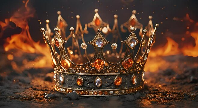 A golden crown encrusted with sparkling jewels lies on the ground surrounded by dark charred earth Bright orange flames dance around it casting flickering shadows 4K