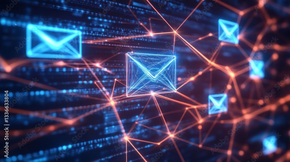 Aufkleber digital network with glowing email icons connected by lines