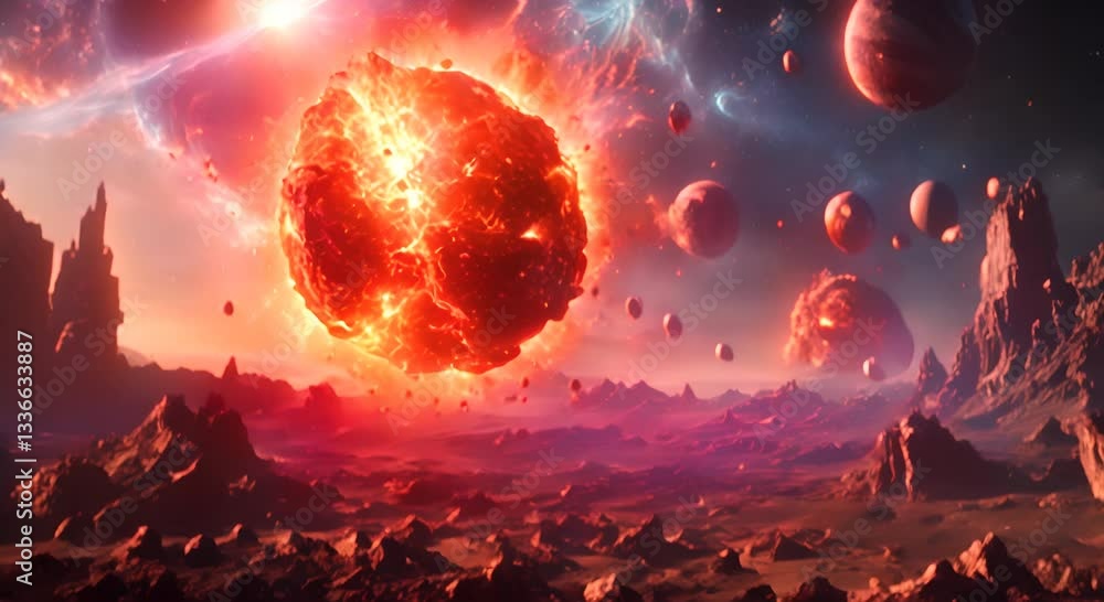 Aufkleber a fiery apocalypse in space destroys cosmic objects with planets shattering like glass stars explodi