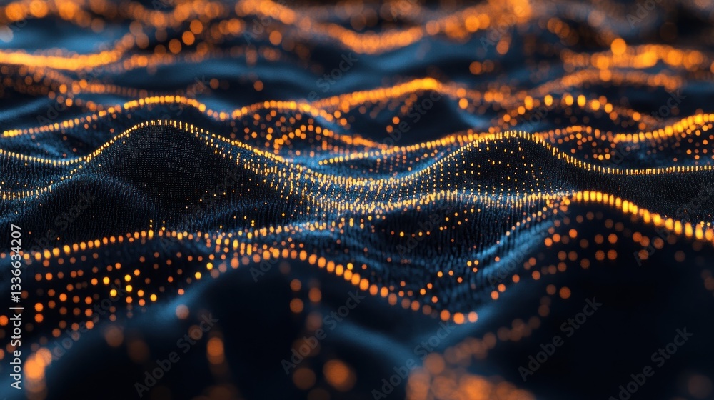 Poster abstract digital waves with glowing particles in a dark background