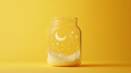 Moon and stars in glass jar, lunar wishes fulfillment, yellow background 