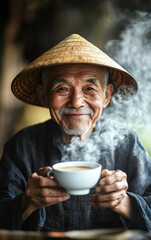 An elderly man wearing a traditional conical hat holds a steaming cup, his gentle smile conveying contentment. The warm tones of the image create a sense of peace and tranquility. Soft, diffused light