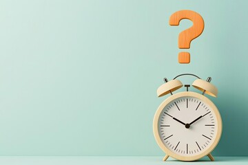 A vintage alarm clock with a question mark above it, symbolizing time management and uncertainty, set against a light teal background.