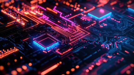Vibrant close-up of a futuristic circuit board with glowing elements
