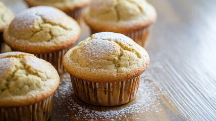 A close-up shot of plain vanilla muffins with a golden-brown crust, placed on a table. Soft texture, homemade bakery style, warm and inviting with natural light. 