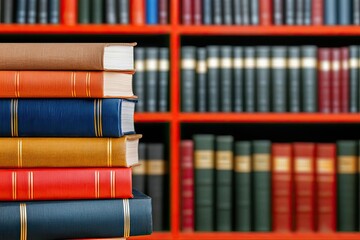 Colorful stacked books in front of a bright bookshelf, showcasing a variety of book covers and spines, ideal for educational and literary themes.