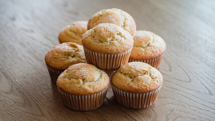 A close-up shot of plain vanilla muffins with a golden-brown crust, placed on a table. Soft texture, homemade bakery style, warm and inviting with natural light. 