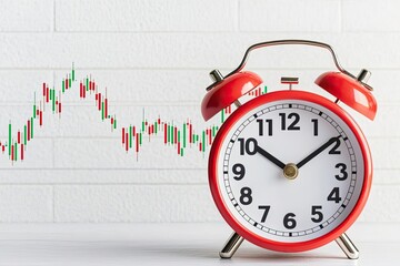 Red alarm clock indicating time against a financial graph background, symbolizing time management and business strategy.