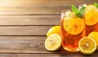 Refreshing iced tea with lemon slices and mint leaves, served in glasses on a wooden table, perfect for summer enjoyment.