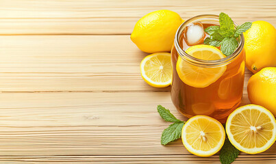 Refreshingly cool beverage made with tea, garnished with fresh lemon slices and mint leaves, perfect for hot summer days.