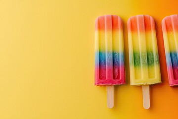 Colorful rainbow popsicles arranged on a vibrant yellow and orange gradient background, perfect for summer-themed visuals.