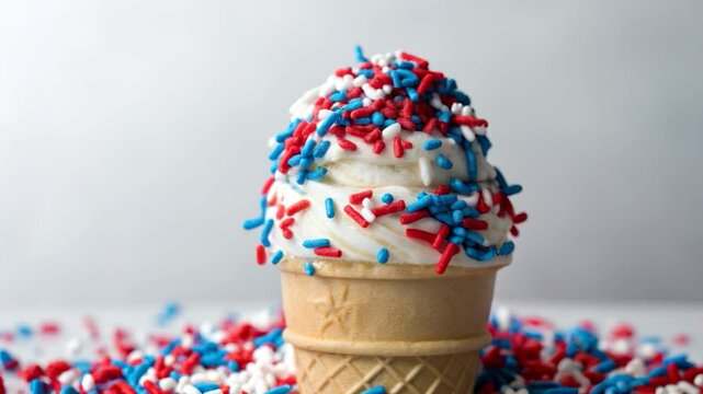 Delicious ice cream cone with festive sprinkles, perfect dessert for joyful celebration on Memorial Day.