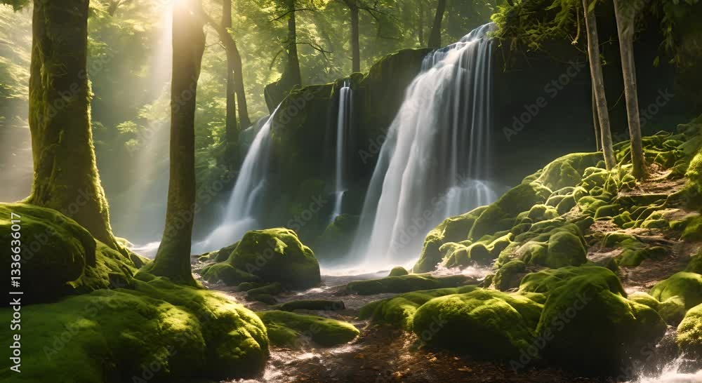 Aufkleber a beautiful waterfall in the forest cascading down moss blank covered rocks surrounded by tall ancie