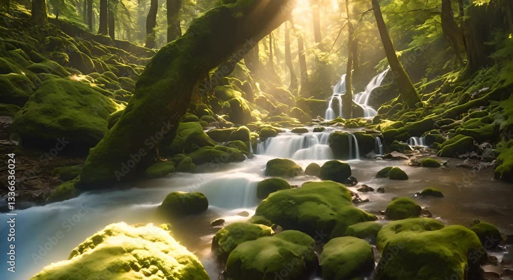 Poster a beautiful waterfall in the forest cascading down moss blank covered rocks surrounded by tall ancie