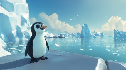 Obraz premium A curious penguin standing on an icy shore, with glistening icebergs in the background