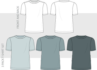 3 Pack men regular fit t-shirts illustration, vector.  T-shirt fashion flat technical drawing template with short sleeve, crew neck, front and back views, cad, mockup.