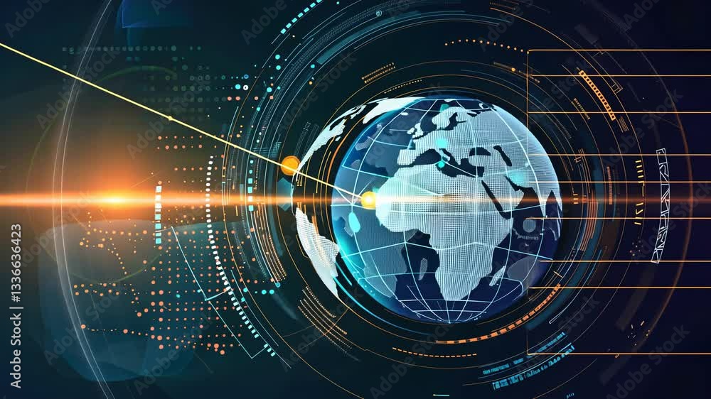 Poster global digital network. interactive earth with complex data streams