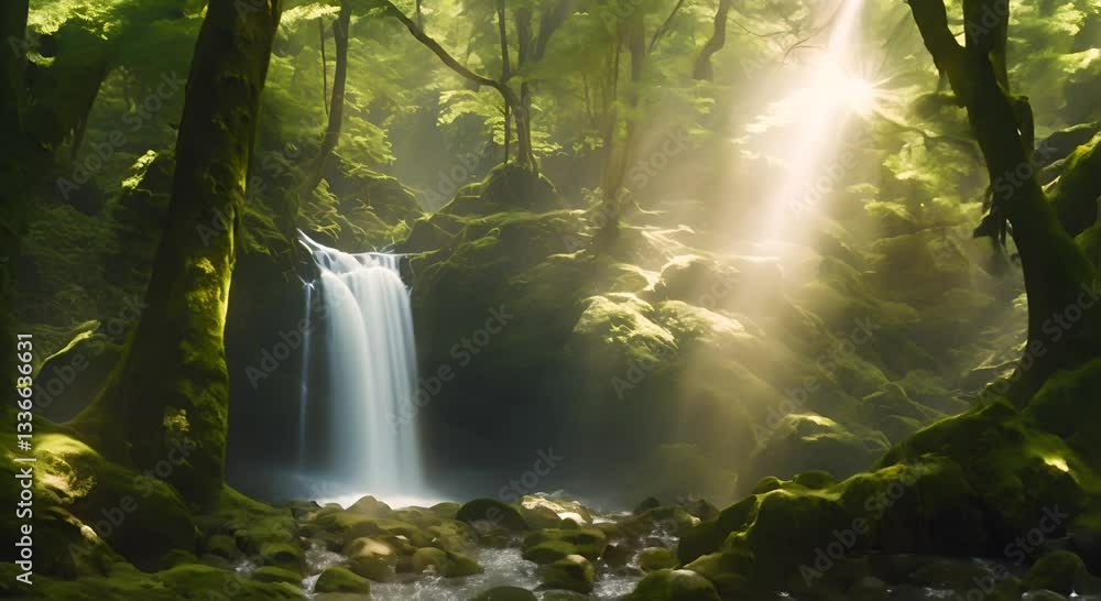 Poster a beautiful waterfall in the forest cascading down moss blank covered rocks surrounded by tall ancie