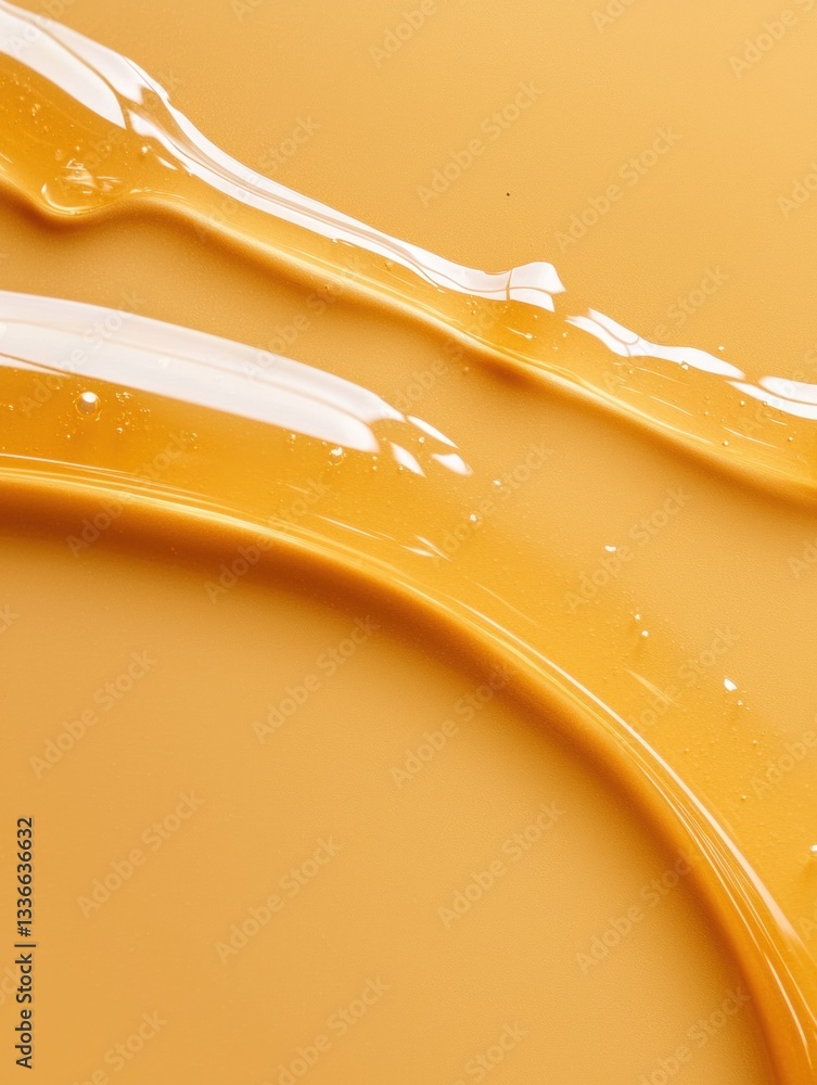 Poster close-up of a liquid substance, which appears to be a yellowish-orange color. the liquid is flowing 