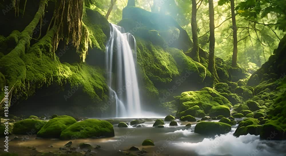 Aufkleber a beautiful waterfall in the forest cascading down moss blank covered rocks surrounded by tall ancie
