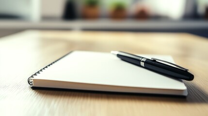 Black Pen on White Notebook, Flat on Oak Table, Light Wood Background, Natural Lighting Highlighting Paper Texture, Simple Composition Emphasizing Design Simplicity and Writing Tool Elegance, 