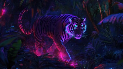 Mystical neon tiger prowling through a vibrant glowing jungle at night