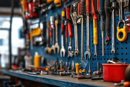 Car polishing tools organized and displayed on a wall in a workshop Generative AI - Powered by Adobe
