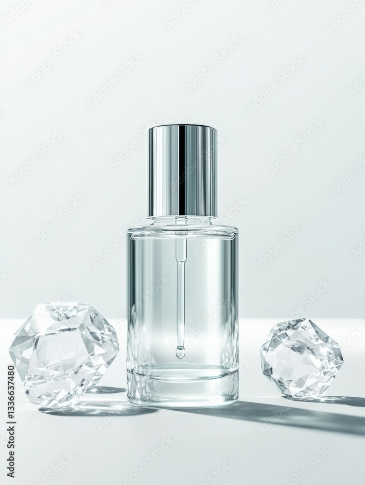 Poster Glass perfume bottle with a silver cap. the bottle is cylindrical in shape and has a transparent body. it is placed on a white surface with three diamond-shaped objects scattered around it.