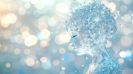 Luminous glass child snowflake figure amidst falling snow