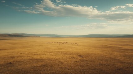 Fototapeta premium Panoramic vista of undulating golden savanna, scattered wildlife grazing peacefully distant horizon
