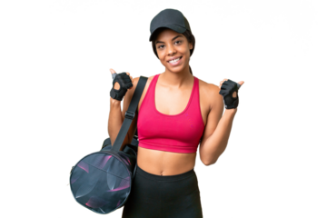 Young sport African american woman with sport bag over isolated background with thumbs up gesture and smiling