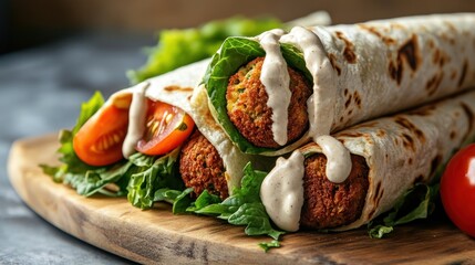 Delicious Middle Eastern falafel wraps with tahini sauce and fresh vegetable toppings